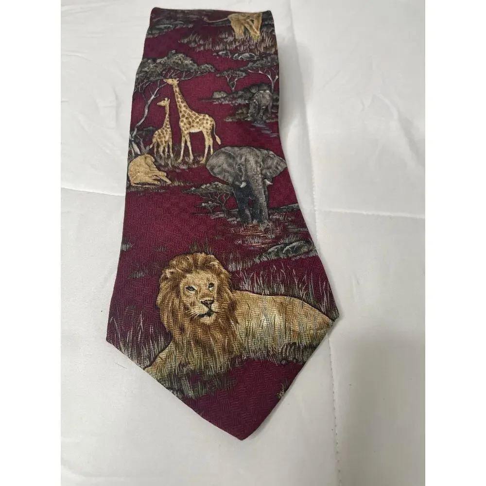 WWF World Wildlife Fund Safari Animal Tie Lions Elephant Giraffe Burgundy Silk